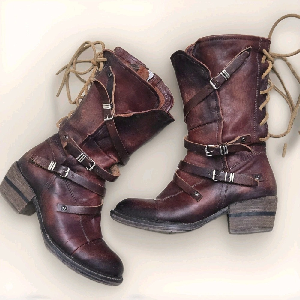 Freebird Cora Boots 7 Distressed Brown Leather Western Harness Artisan Moto Boho